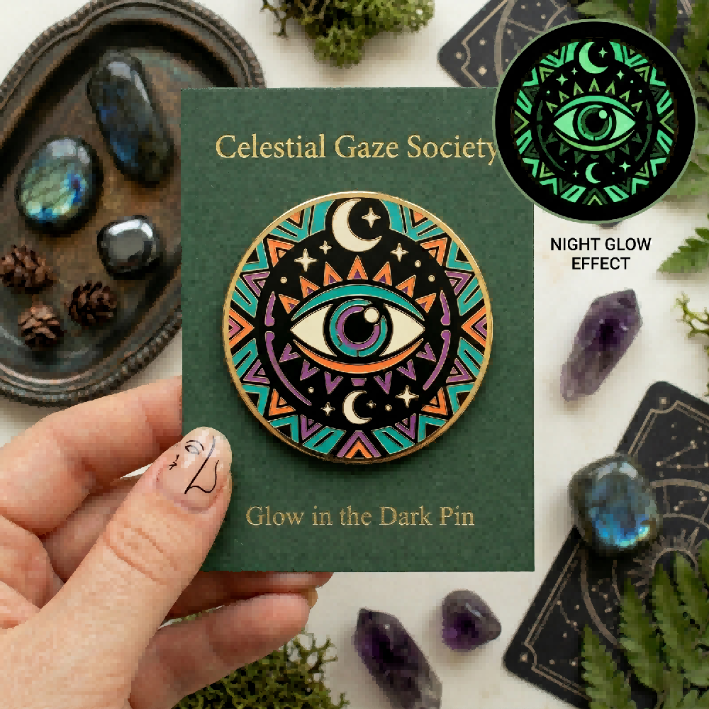 Custom celestial gaze society glow in the dark enamel pin with night glow effect by Pinstar Factory
